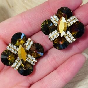 VTG Designs By SD Earrings rivoli Austrian Crystal rhinestone clip Sparkly gold